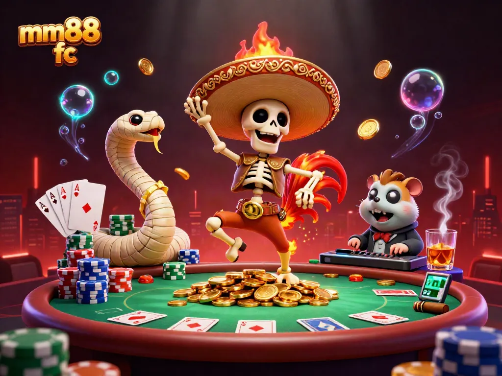 Experience the exciting atmosphere of mm88 fc with a 3D animated victory dance scene featuring dynamic casino elements.
