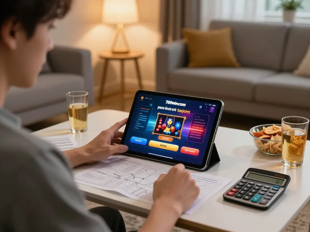 Engaged player strategizes using 789wincom app on tablet in cozy home setting