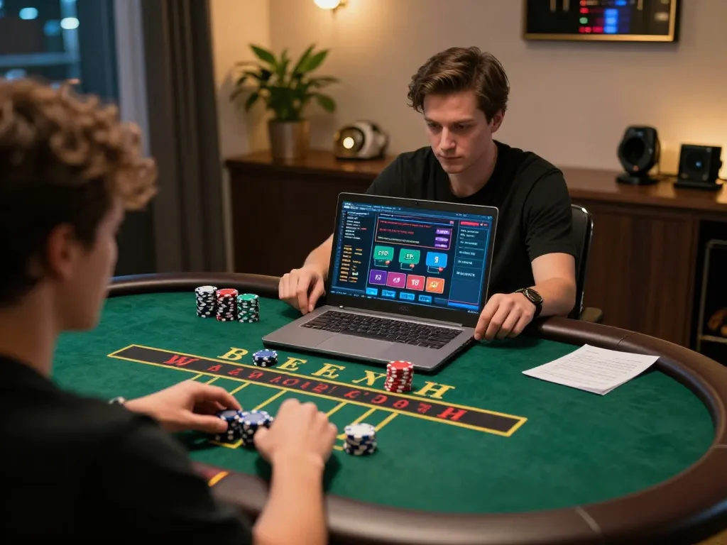 Player analyzing strategies on jun88 during live blackjack session from a cozy home setup.