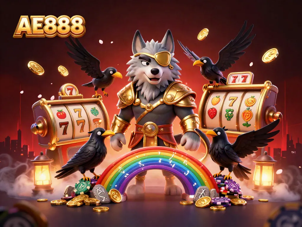 Win big at AE888 with Odin and ravens amidst a vibrant casino scene.