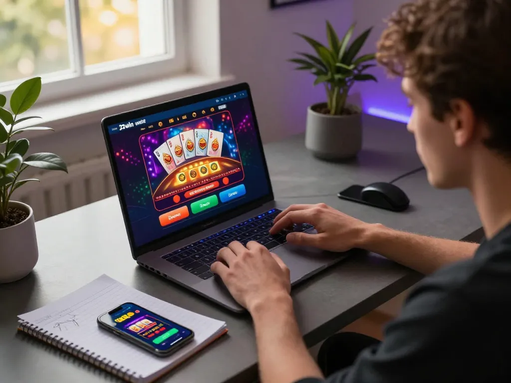 Player engaging with the 32win online casino interface on a laptop, showcasing an immersive gaming experience.