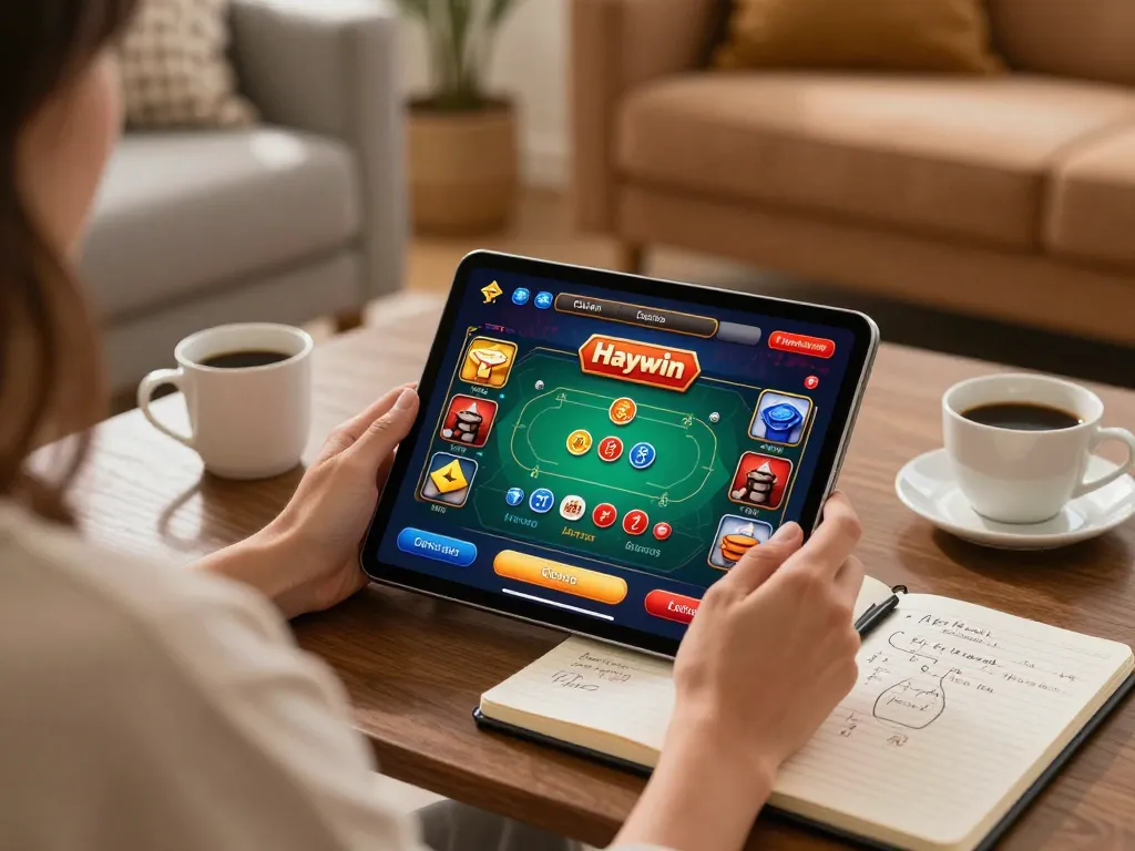 Playing poker on Haywin casino app with cozy home setting and strategic notes visible