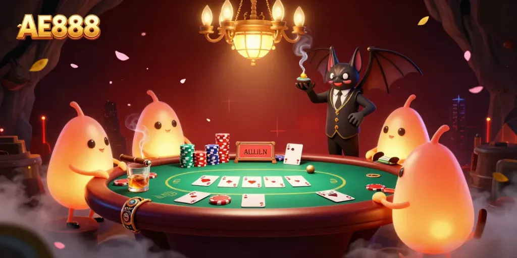 Experience the excitement of gaming at AE888 Casino with a vibrant scene filled with glowworms, poker elements, and captivating lighting.