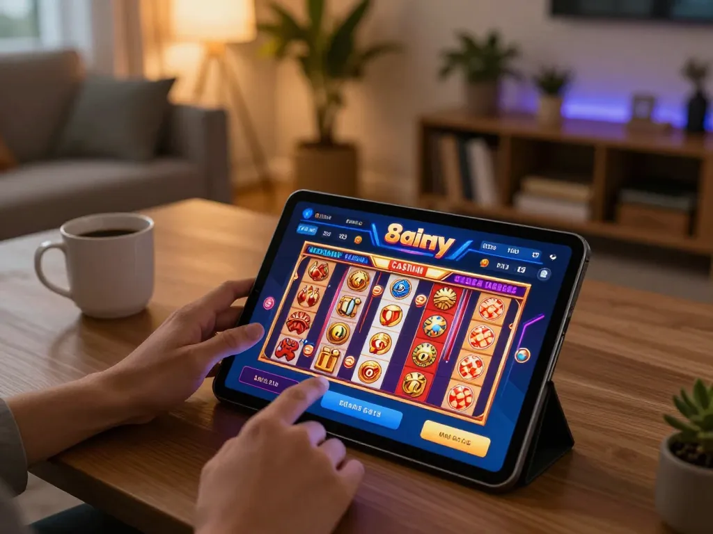 Player engaging with the 8day casino app on a tablet, showcasing vibrant gaming graphics in a cozy home setting.