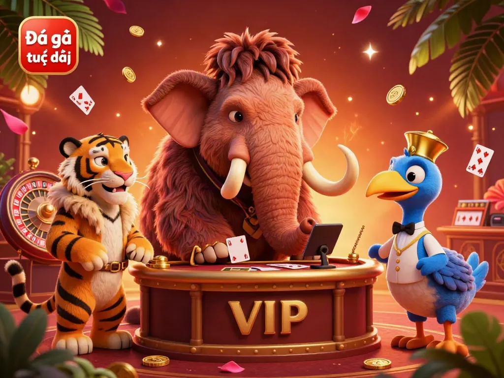 Experience Đá gà trực tiếp with vibrant casino bouncers and VIP guests in an animated setting.