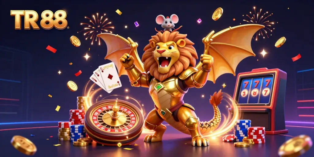 TR 88 boasts an ultra-detailed scene with a golden chimera, coins, and lively casino elements.