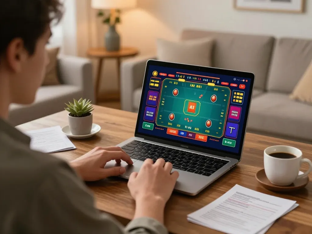 Player engaging in blackjack while using fed online casino on laptop at home, showcasing strategy.