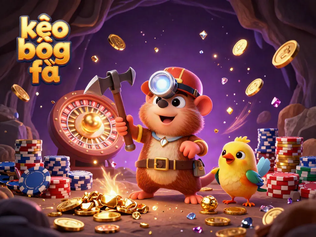 Experience kèo bóng đá with a treasure hunter mole in a vibrant casino-themed 3D scene filled with shimmering gold coins and game elements.