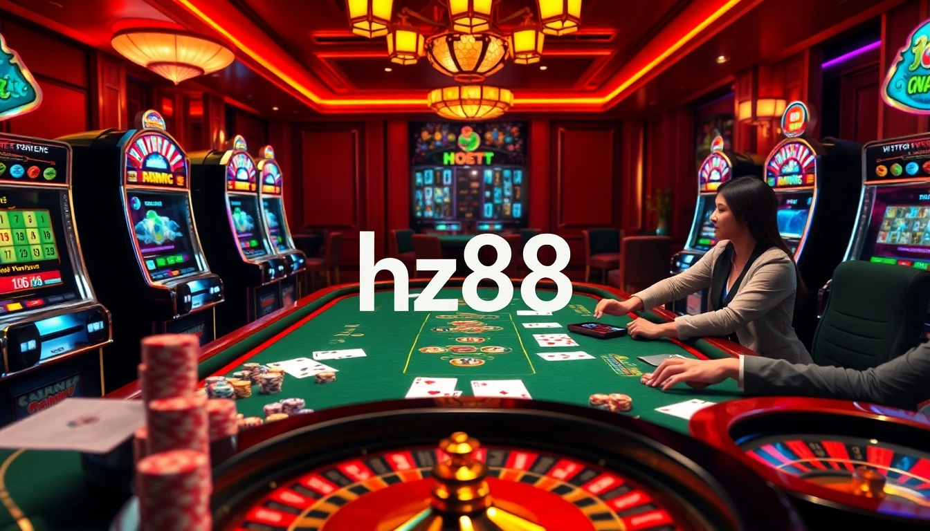 Exciting poker scene featuring intense gameplay at the hz88 casino, highlighting vibrant chips and cards.