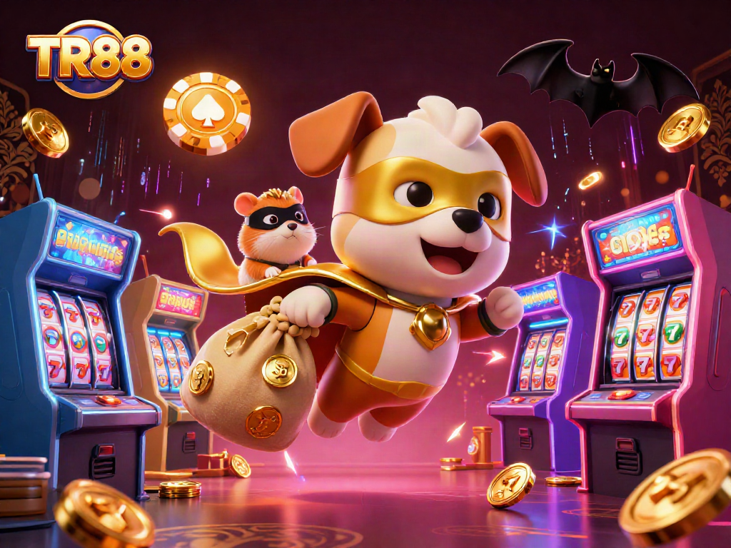 Spin to win with TR88's 3D gaming adventure featuring cartoon superheroes and vibrant casino elements.