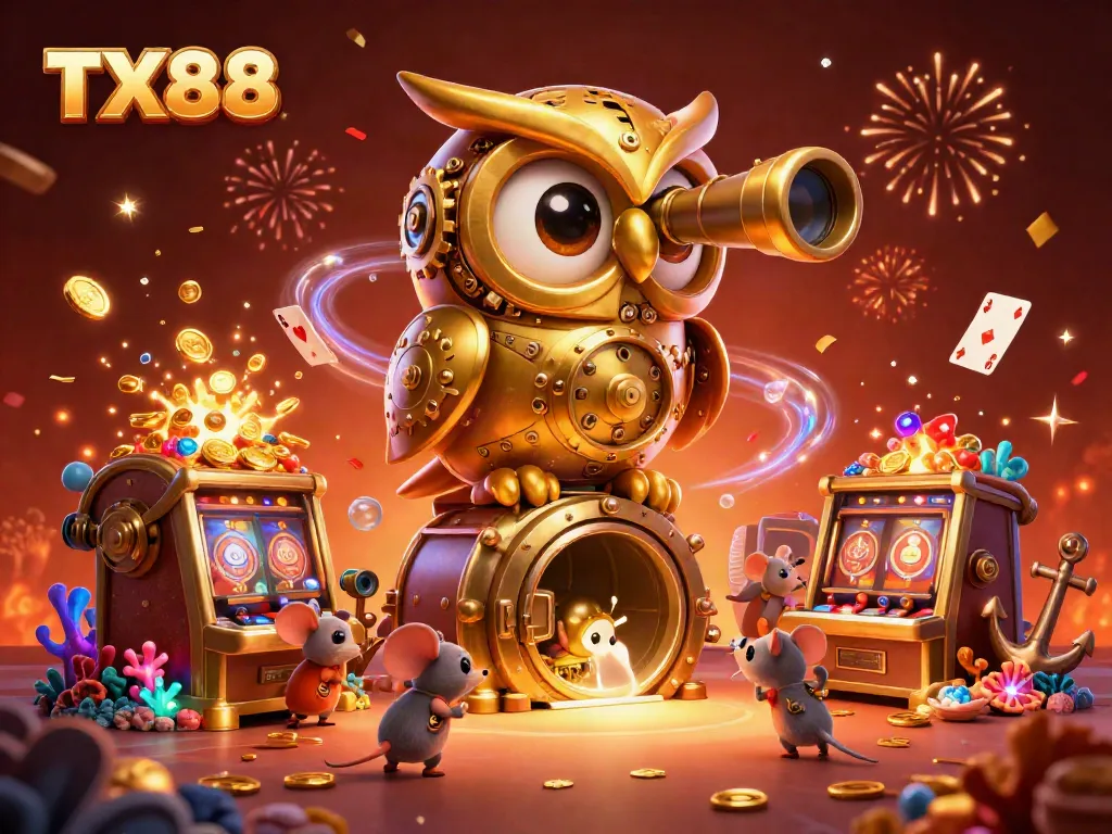TX88 features a golden owl scanning a vibrant casino, surrounded by colorful game elements.