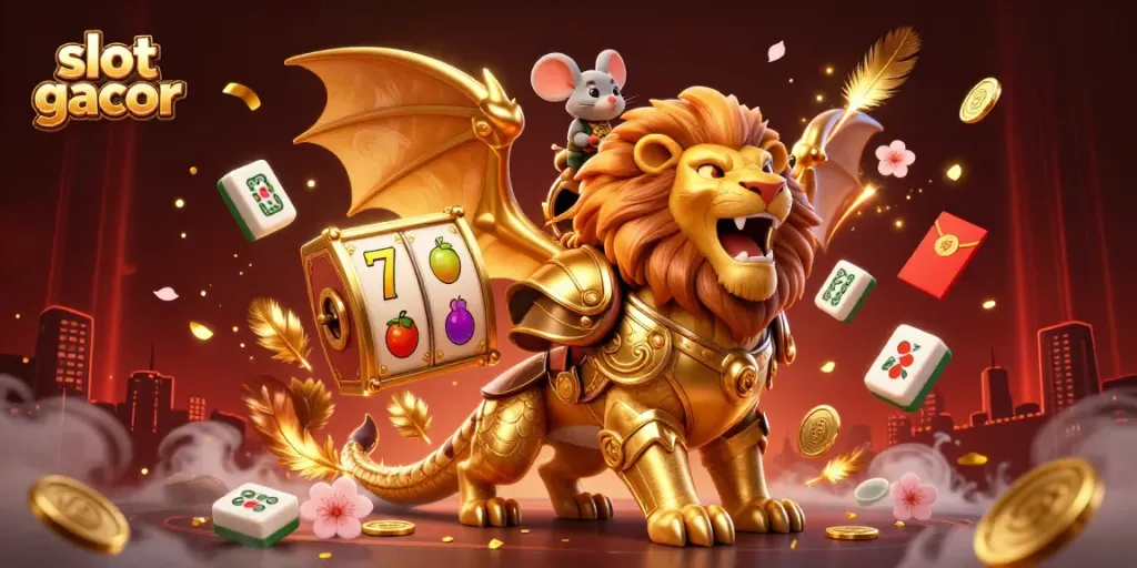 Experience the thrill of slot gacor with a vibrant 3D chimera celebrating amidst golden gambling symbols and festive decor.
