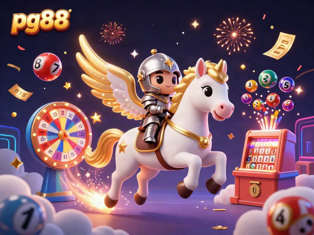 Experience the excitement of pg88 with a celestial horse, knights, and colorful lottery elements in action.