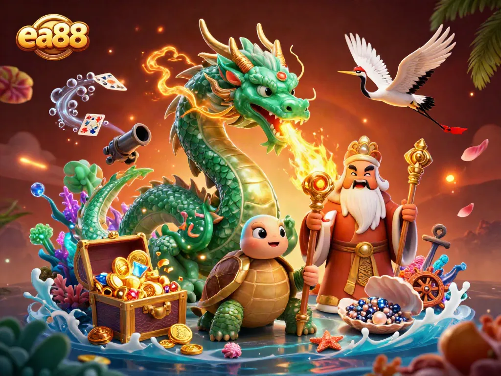 Experience exciting gameplay with ea88 featuring a jade dragon, turtle sage, and lucky cranes amidst treasures.