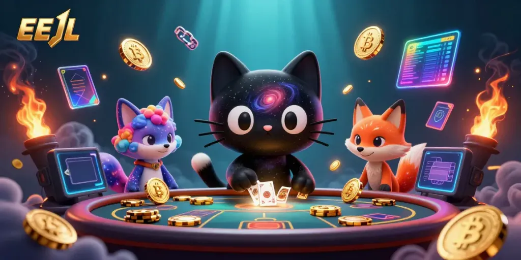 Engage with the EEJL crypto casino experience, featuring animated characters and vibrant gaming elements.