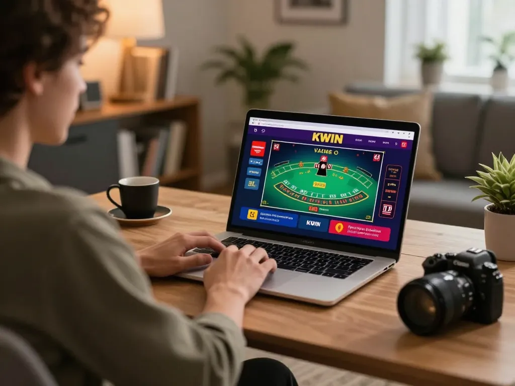 KWIN player engaging in live blackjack game on a laptop in a cozy home office.