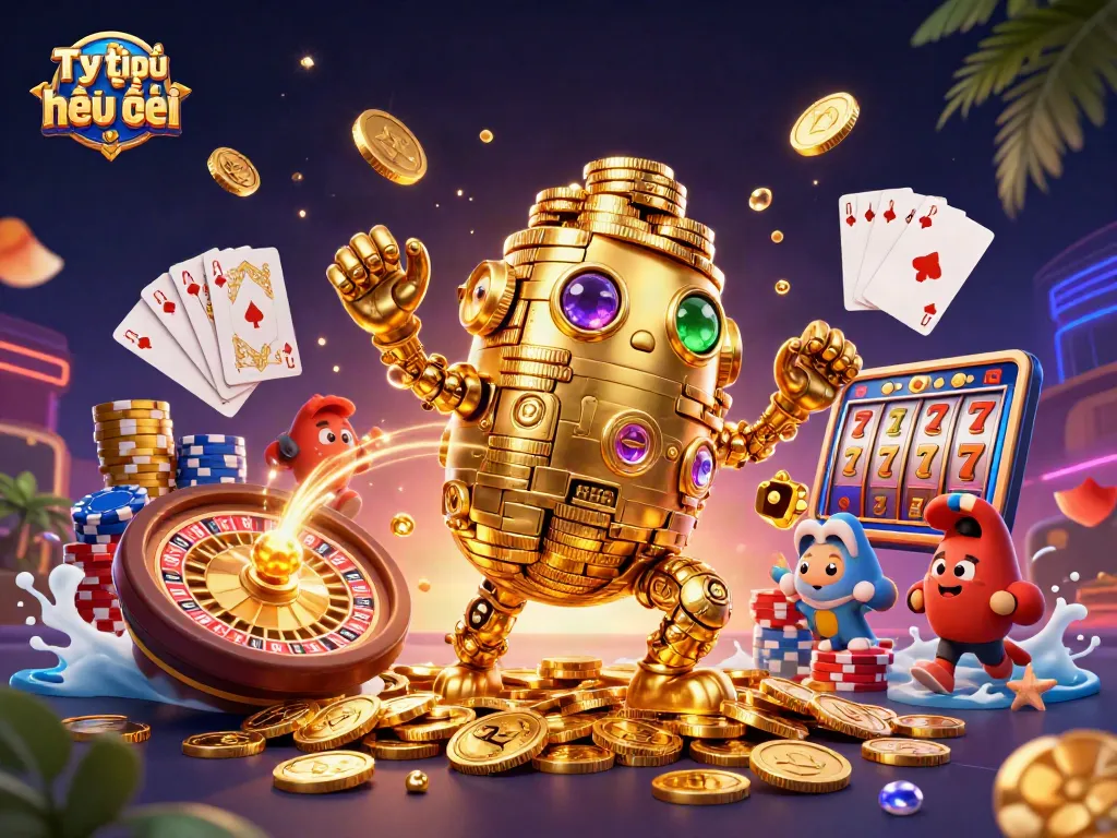 Tỷ lệ kèo nhà cái displayed in a vibrant 3D casino scene featuring a golden golem and game elements