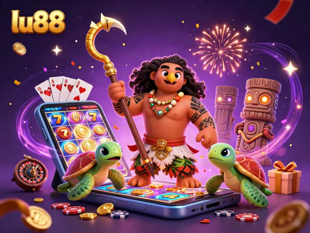 Engage with lu88's vibrant gaming world featuring a 3D demigod character and dynamic casino game elements.