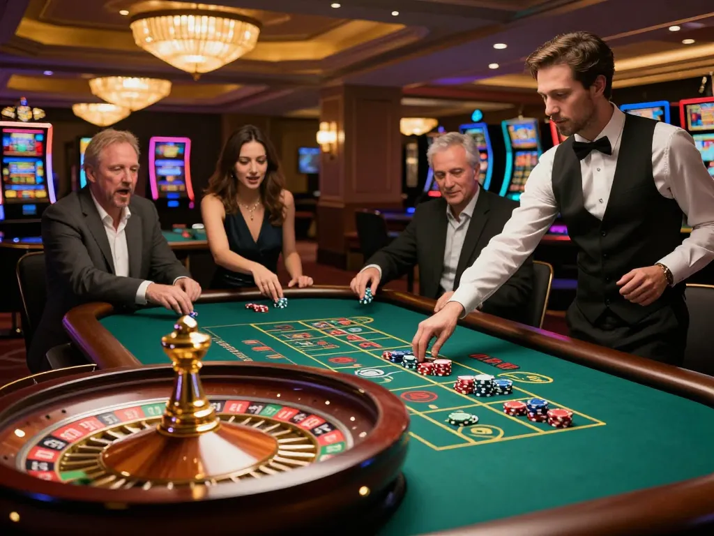 Go8 players placing bets at an exciting roulette table in a luxurious casino