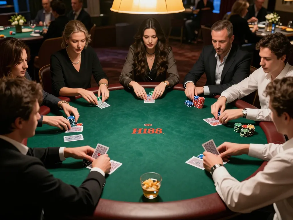Players engage in an intense Hi88 poker game, showcasing strategy and excitement at a private table.