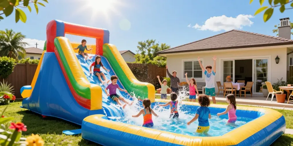 Children enjoying a water slide in a sunny backyard, creating splashes of joy.