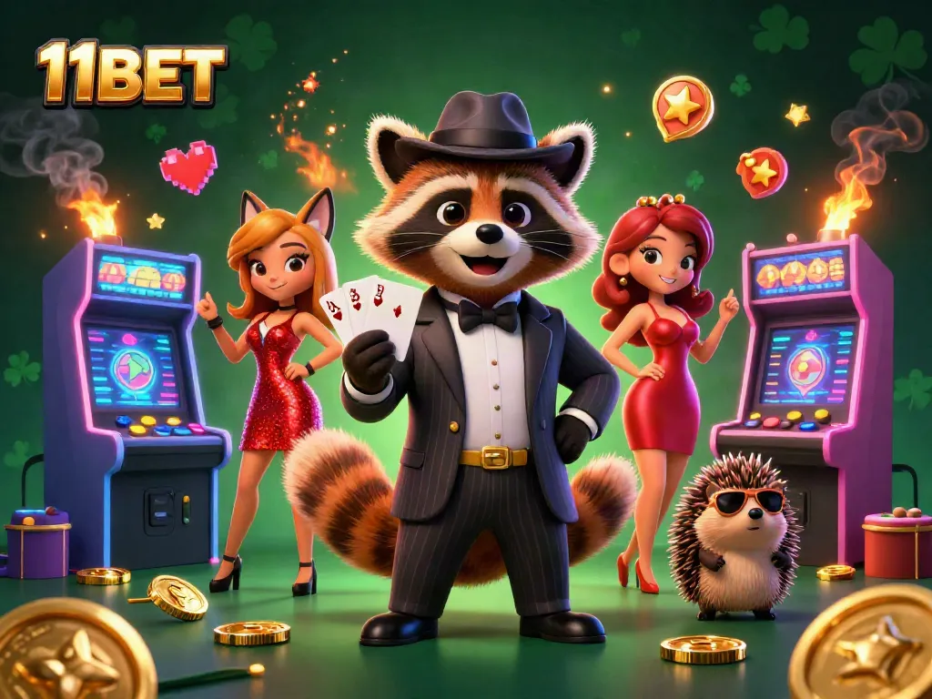 Experience the excitement of 11BET with a raccoon holding a royal flush at the casino.
