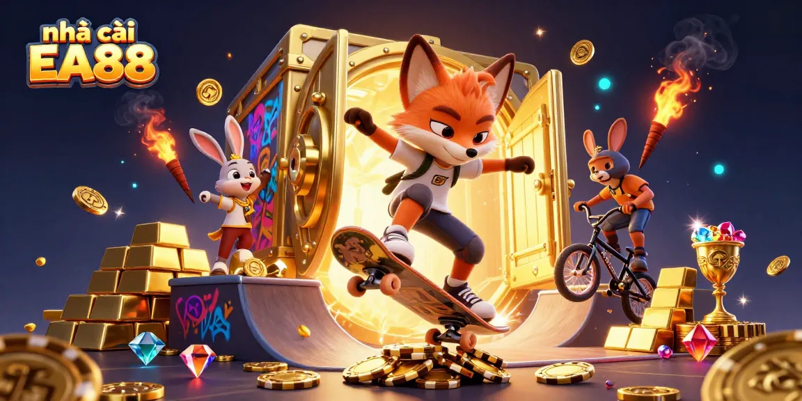 Experience excitement at nhà cái EA88 with a supreme 3D casino scene featuring vibrant characters and gems.