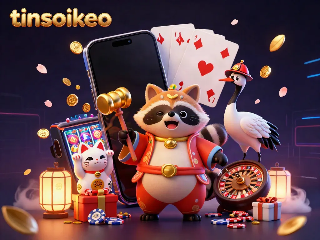 Experience vibrant gambling excitement with the tinsoikeo tanuki holding a golden mallet amidst colorful slots and fortune cats.