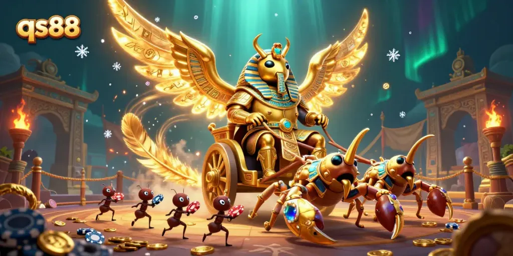 Experience exciting gaming at qs88 with a vibrant illustration of a golden scarab and scorpions amidst casino elements.