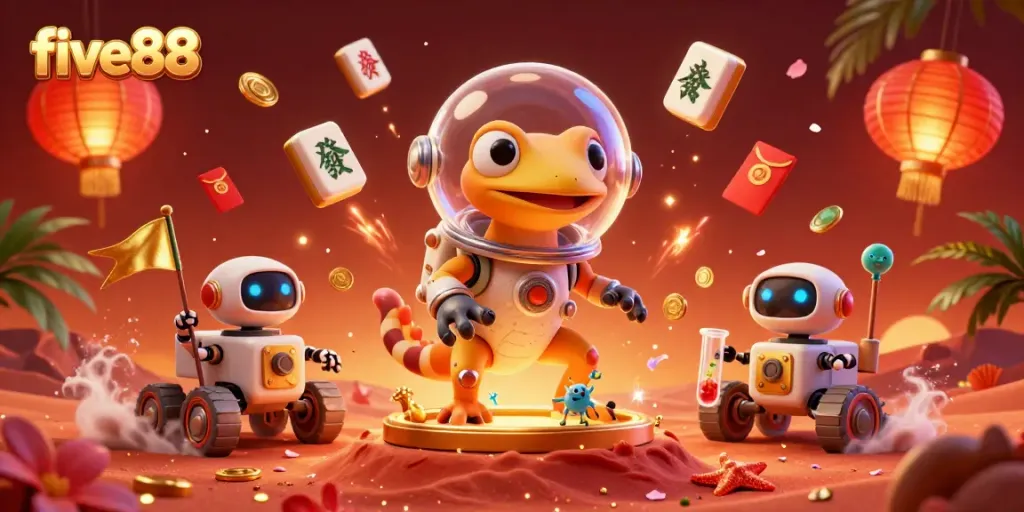 Experience thrilling gaming at five88 with a Martian gecko discovering a golden casino amid vibrant visuals.