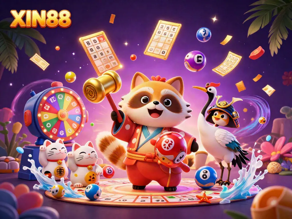 XIN88 delights players with a vibrant 3D scene showcasing a cheerful tanuki, lucky cats, and exciting gaming elements.