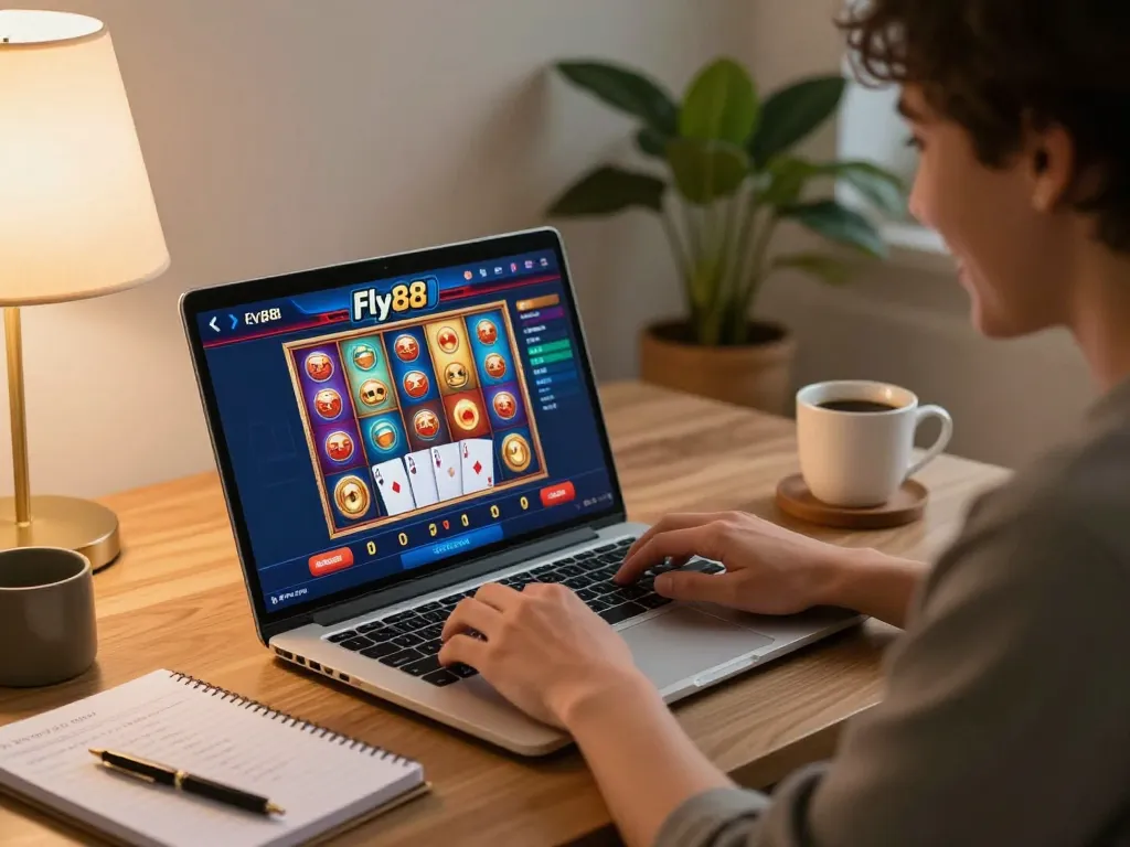 Engaging in Fly88 online casino gameplay with vibrant slots and exciting cards on a laptop, emphasizing responsible gambling.