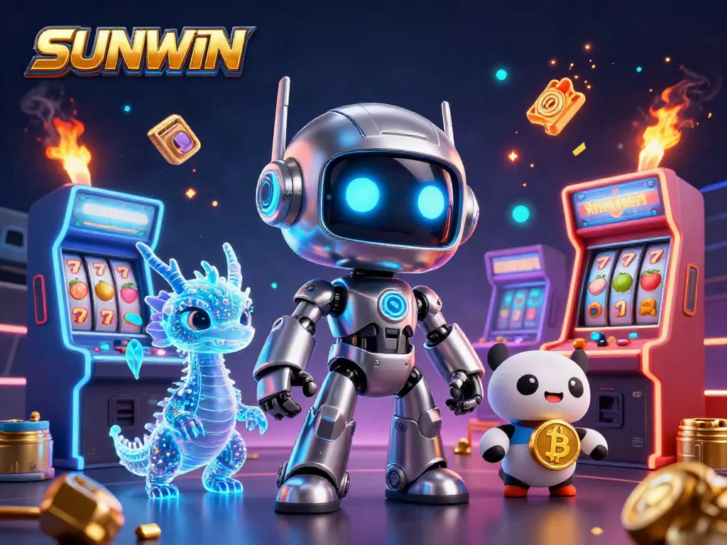 SUNWIN's dynamic casino gaming scene with a cyberpunk mascot and arcade elements.