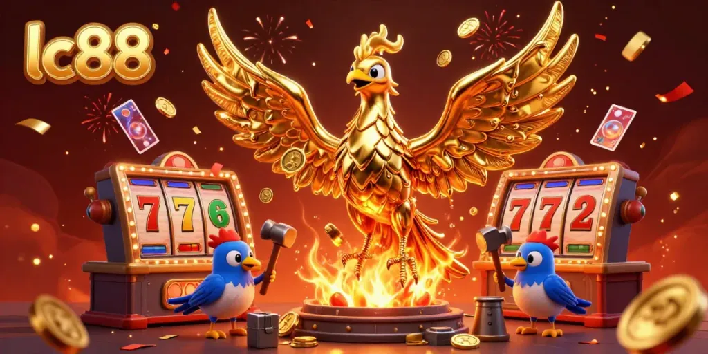 Engage with lc88 in a vibrant casino illustration showcasing a golden phoenix amid slot reels and confetti.