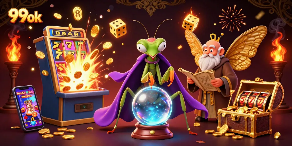 Win big with 99ok at dynamic slots, featuring vibrant illustrations of jackpots and fortune tellers.