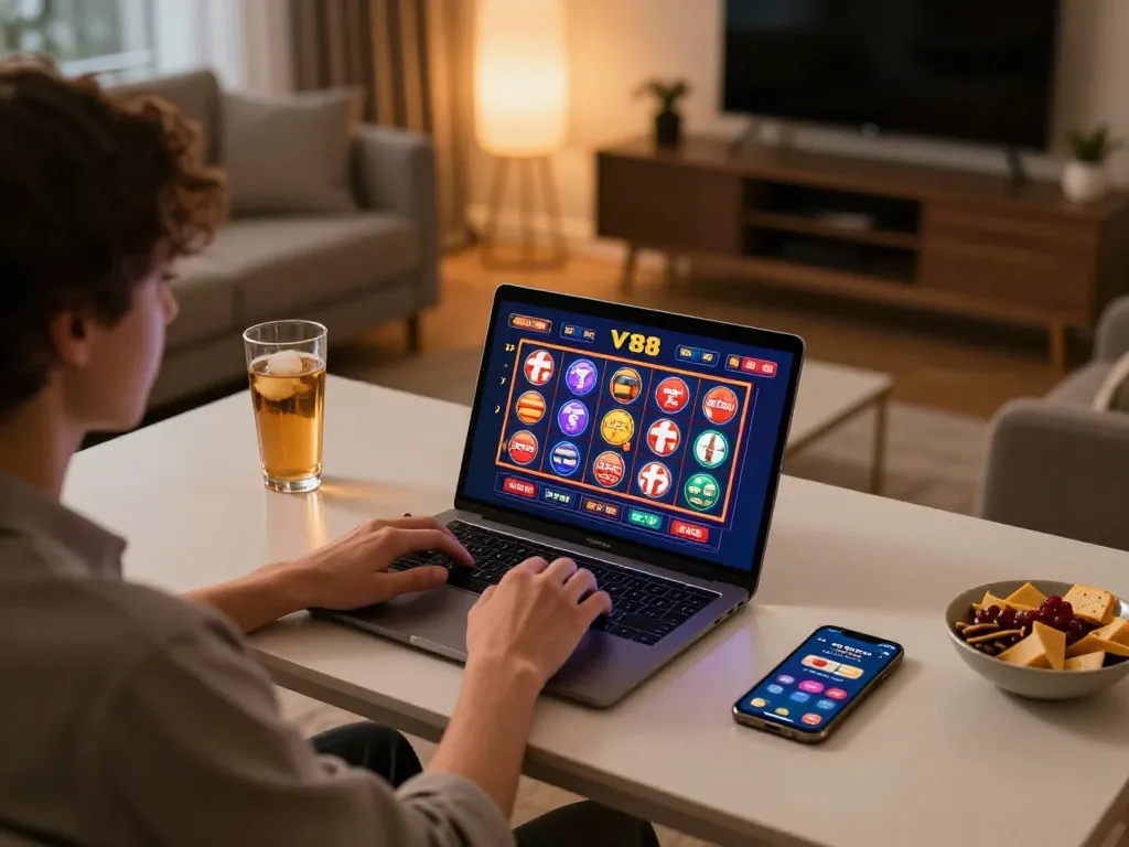 Person strategizing with VT88 online casino on laptop, cozy home gaming atmosphere.