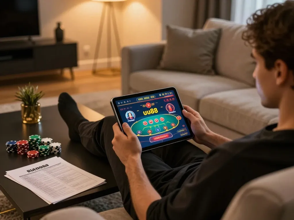 Play poker online at uu88 in a cozy home environment with engaging tablet interface.