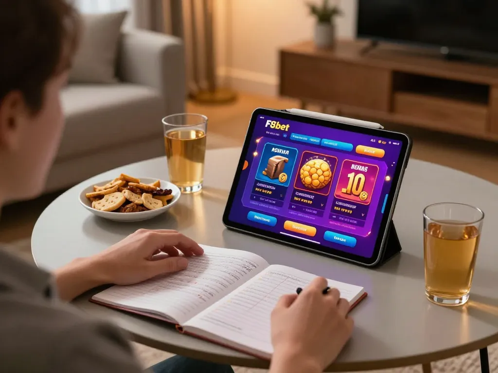Engaging F8bet online gaming scene with a person interacting with a tablet in a cozy home.