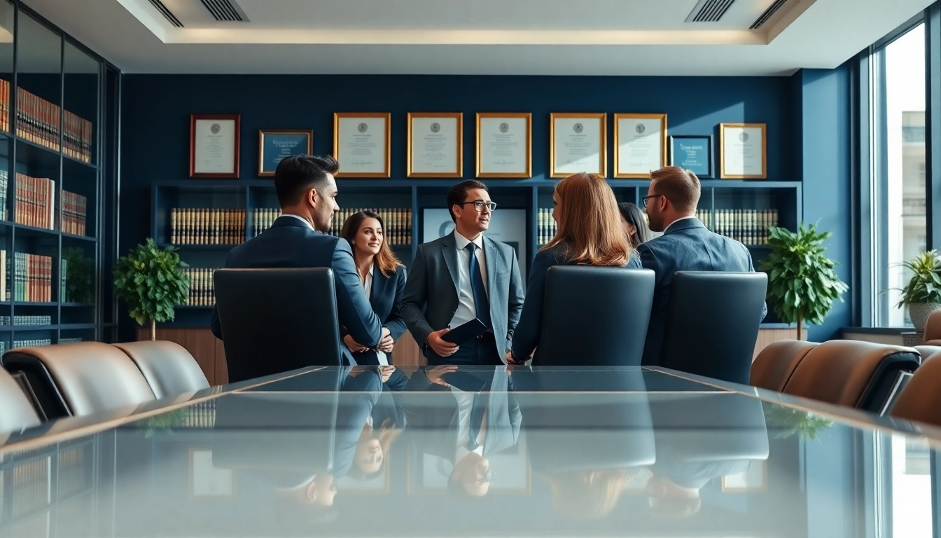 Collaborative meeting at a US law firm highlighting expert business and immigration lawyers.