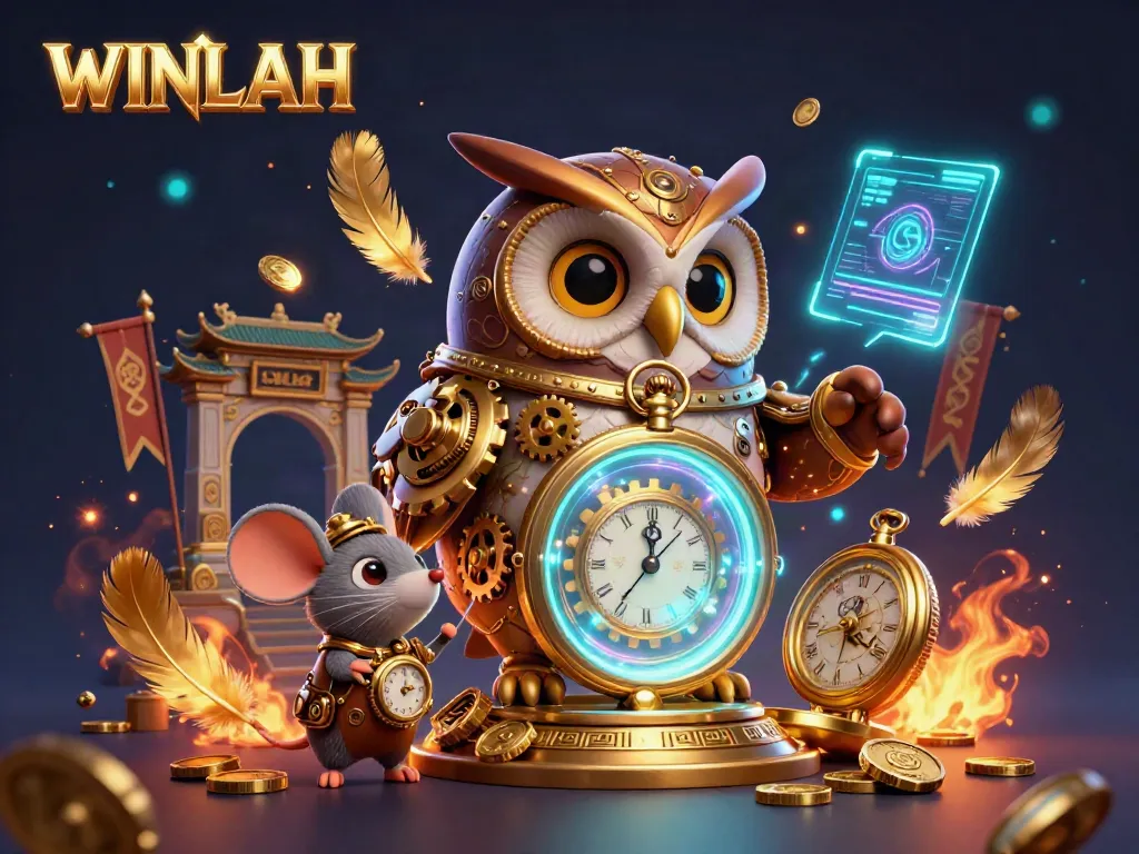 Experience thrilling gameplay at WINLAH with a steampunk owl and casino elements in this vibrant 3D illustration.