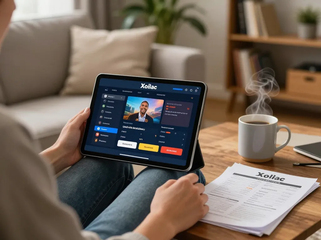 Xoilac user engaging in online betting on tablet in a cozy home setup.
