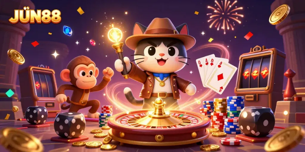Experience exciting adventures at JUN88 with a cat explorer discovering gold and casino treasures.