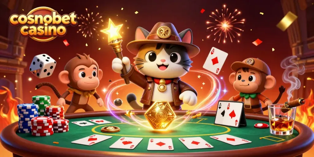 Experience the thrill of cosmobet casino with an explorer cat unveiling treasures in an ancient temple.