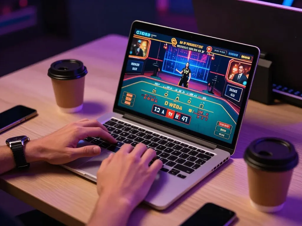 79win players engaging in a live dealer game on a stylish laptop setup at home