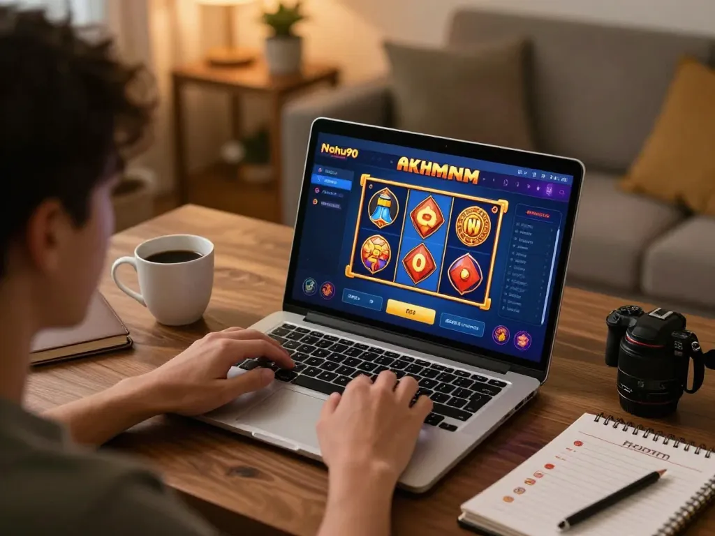 Nohu90 player focusing on online gaming strategy with vibrant slot game interface in a cozy home setting.