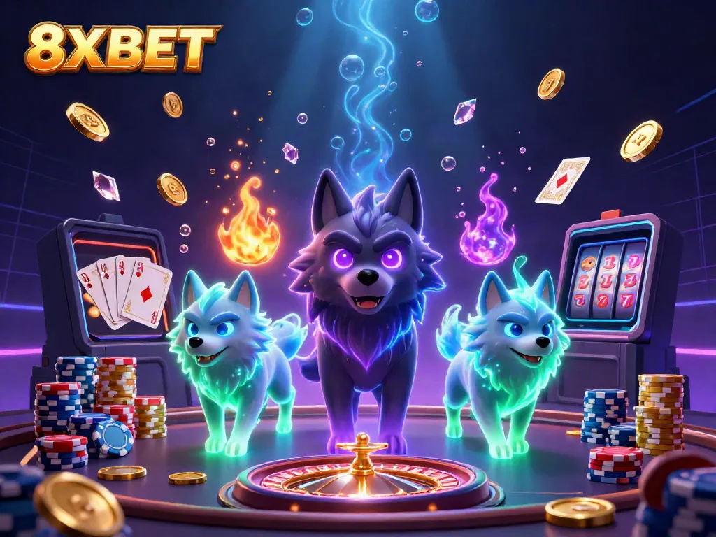 Experience the excitement of 8XBET with a vibrant 3D illustration of a wolf pack leader and casino elements.