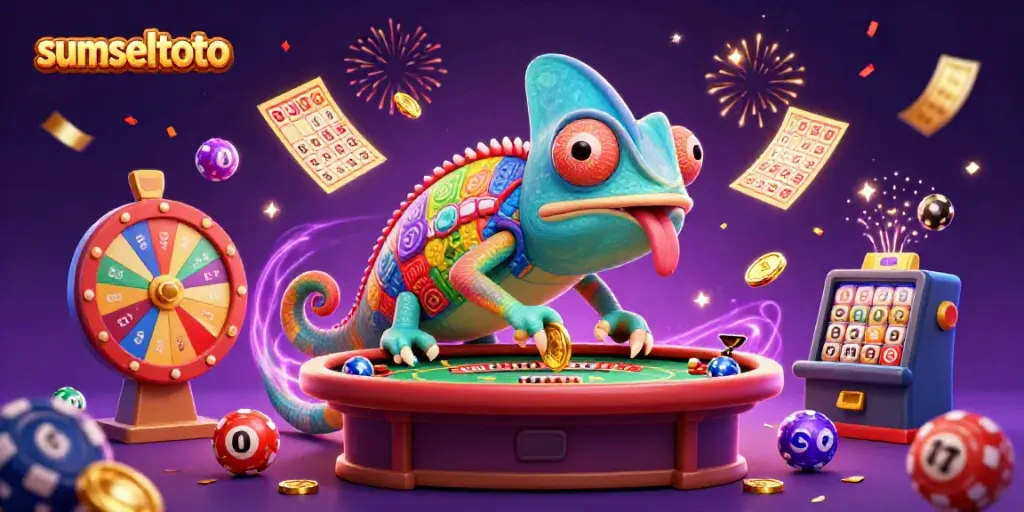 Experience the excitement of sumseltoto with vibrant casino games and a chameleon character capturing golden coins.