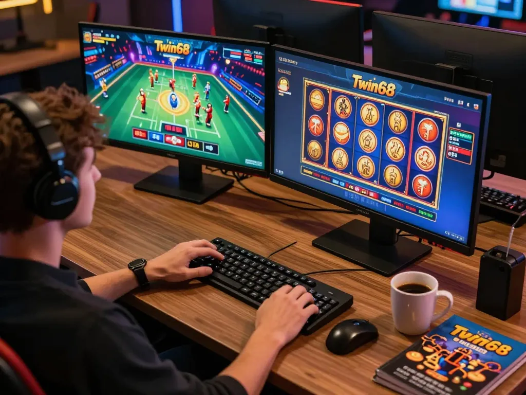 Twin68 player enjoys vibrant online slots gameplay in a cozy home office setup.
