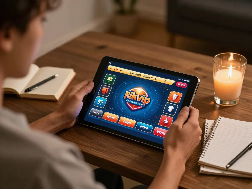 Engaging with rikvip casino gameplay on a tablet surrounded by strategy notes in a cozy atmosphere.