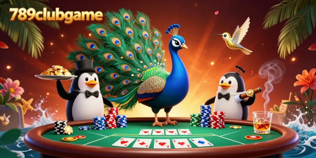 Play poker at 789clubgame with a vibrant scene featuring a peacock, penguin, and hummingbird celebrating winning.